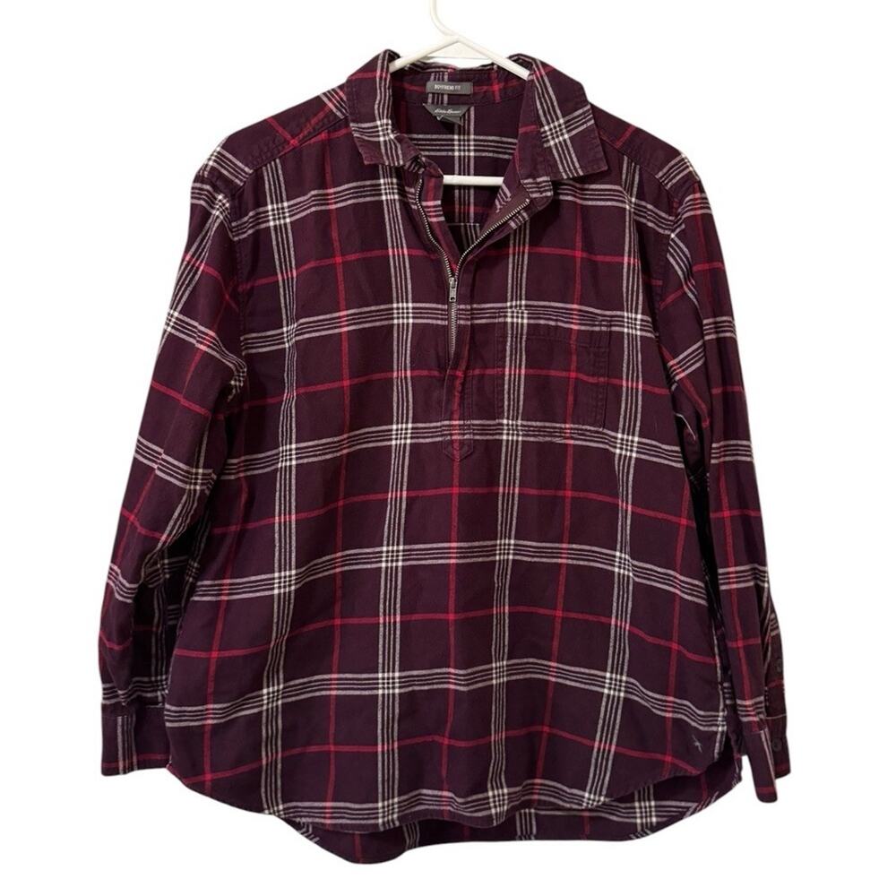 Eddie Bauer Plaid 1/4 Zip Boyfriend Fit‎ Plaid Shirt Women Size Medium Outdoor